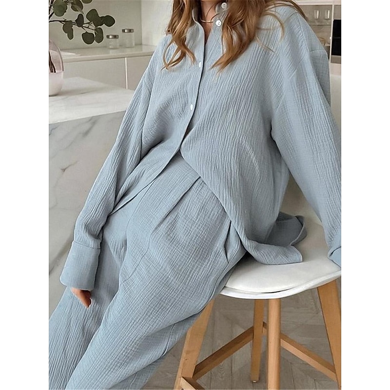 Women's Loungewear Sets Pure Color Simple Basic Street Daily Cotton And Linen Breathable Lapel Long Sleeve Shirt Pant Button Summer Spring Home Outfits3