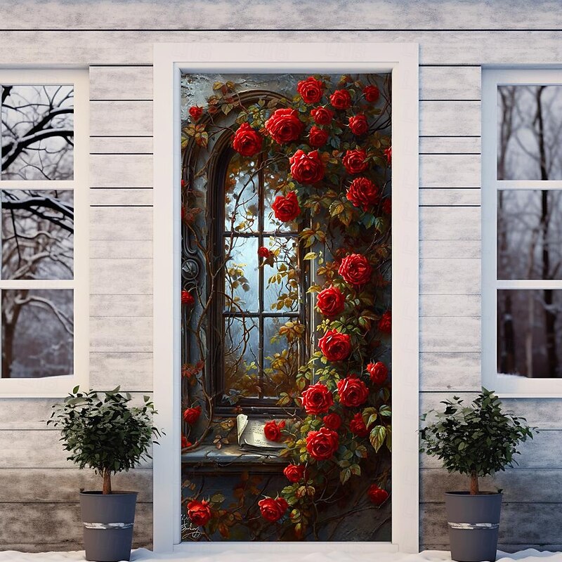 Wedding Outdoor Decorations Door Covers Door Tapestry Door Curtain Decoration Backdrop Indoor/Outdoor Door Banner for Front Door Farmhouse Roses4