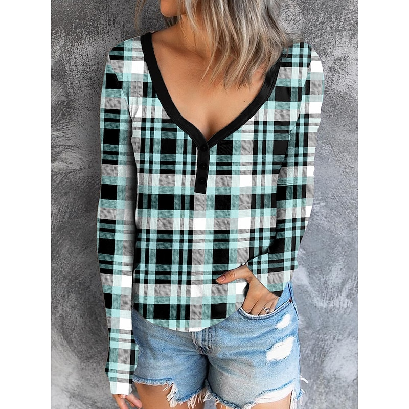 Women's T Shirt Henley Shirt Plaid Fashion Long Sleeve V Neck Regular Tops Daily Weekend Buttons Print Yellow Pink Blue Purple Green Spring &  Fall2