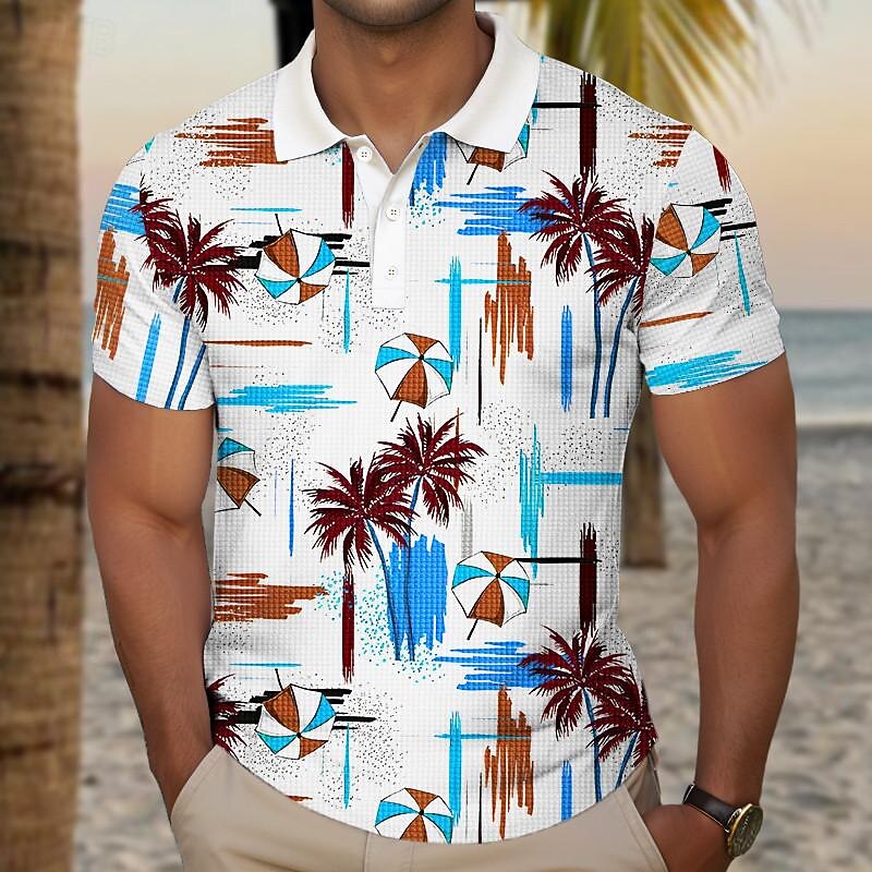Kentucky Derby Men's Palm Tree Golf Shirt Short Sleeve Polo Shirts Collared Shirts Casual Beach Wear Vacation Wear Tropical Wear Party Outfits Buttons 3D Print Summer Yellow Red Blue4