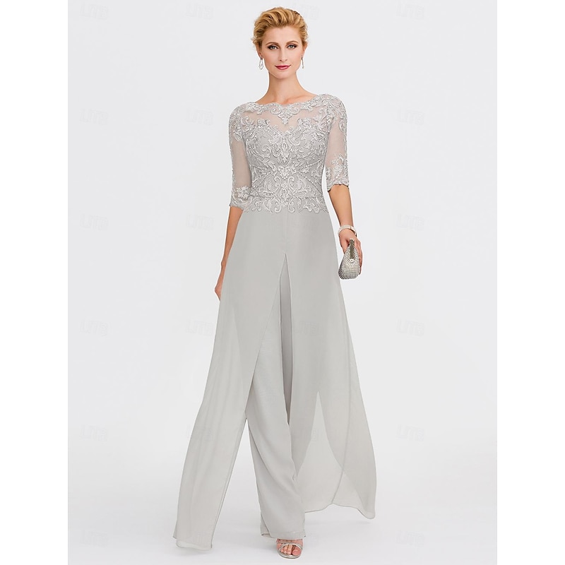 Beach Wedding Two Piece Jumpsuit Mother of the Bride  Formal Wedding Guest Elegant Wrap Included Bateau Neck Floor Length Chiffon 3/4 Length Sleeve with Appliques