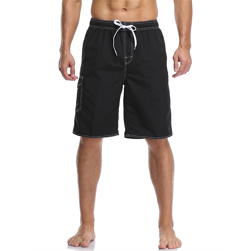 Men's Board Shorts Swim Trunks Going out Weekend Breathable Quick Dry Drawstring Elastic Waist with Pockets Plain Knee Length Gymnatics Casual Activewear Lake blue Black4