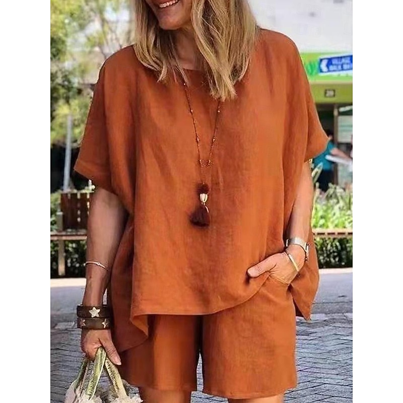 Women's Simple Basic Cotton Linen Sets Two Piece Sets T Shirt Half Sleeve Short Pant Crew Neck Pure Color Pocket Street Daily Black Blue Purple Summer2