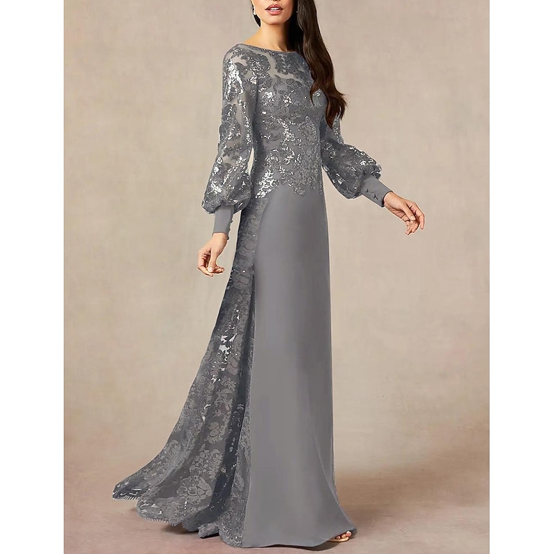 A-Line Mother of the Bride Dress Formal Wedding Guest Elegant Jewel Neck Floor Length Chiffon Sequined Long Sleeve with Sequin3
