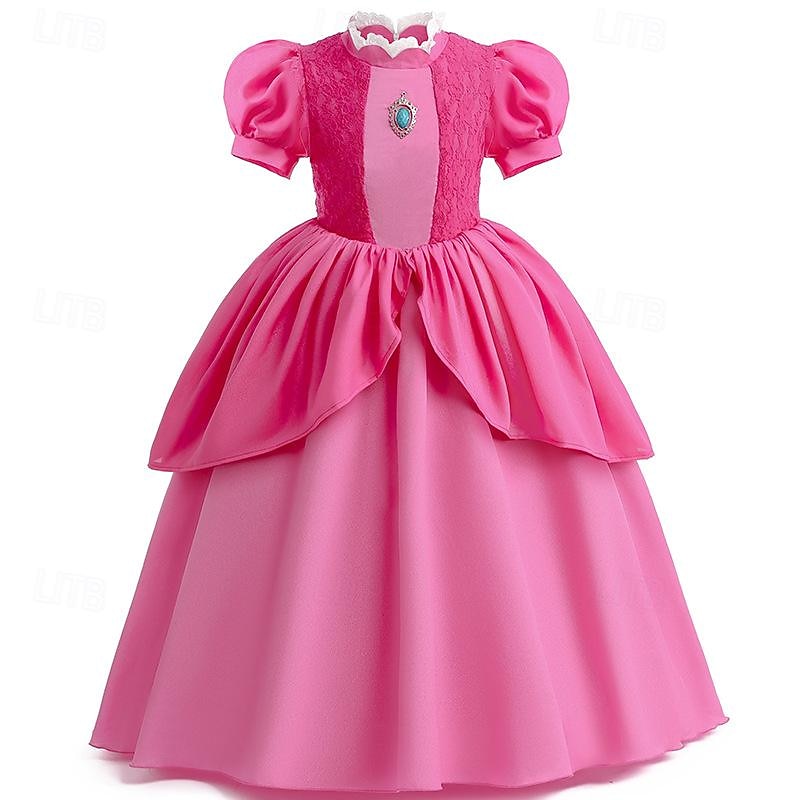Princess Peach Costume for Girls,Super Brothers Princess Peach Dress for Kids Cosplay Halloween Party Dress Up4