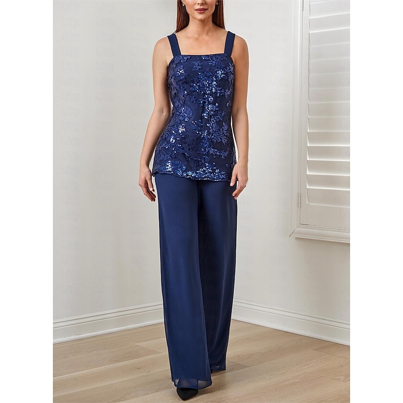 Pantsuit 3 Piece Mother of the Bride  Formal Wedding Guest Elegant Square Neck Floor Length Chiffon Sequined 3/4 Length Sleeve with Sequin Appliques3