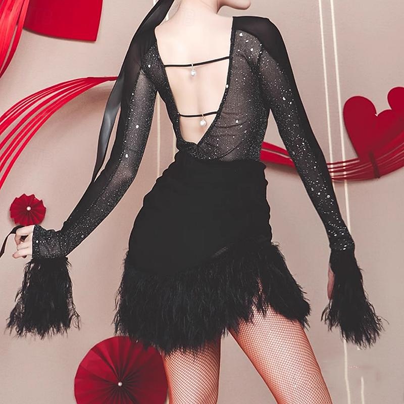 Latin Dance Exotic Dancewear Latin Salsa Dance Dress Glitter Women's Performance Daily Wear Long Sleeve Tulle2