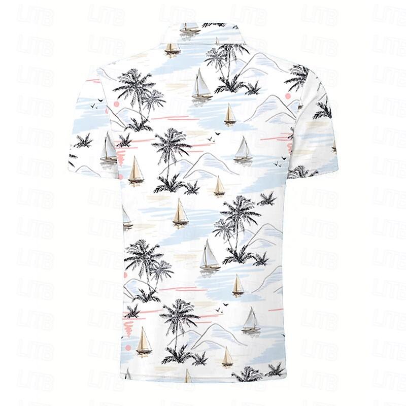 Kentucky Derby Men's Palm Tree Hawaiian Polo Shirts Golf Shirt Short Sleeve Polo Shirts Collared Shirts Casual Beach Wear Vacation Wear Tropical Wear Party Outfits Buttons 3D Print Summer White Pink2