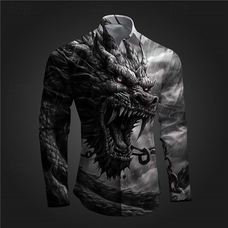 Men's Dragon Shirt Button Up Shirt Long Sleeve Abstract Subcultural Daily Wear Going out Spring Turndown Print Button-Down Red Blue Ink Blue Purple Green