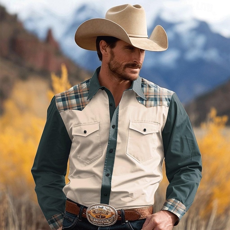 Men's Plaid Cowboy Western Shirt Button Up Shirt Cowboy Shirt Long Sleeve Vintage Western Daily Wear Spring &  Fall Turndown Collared Shirts 3D Print Front Pocket Black Green Khaki