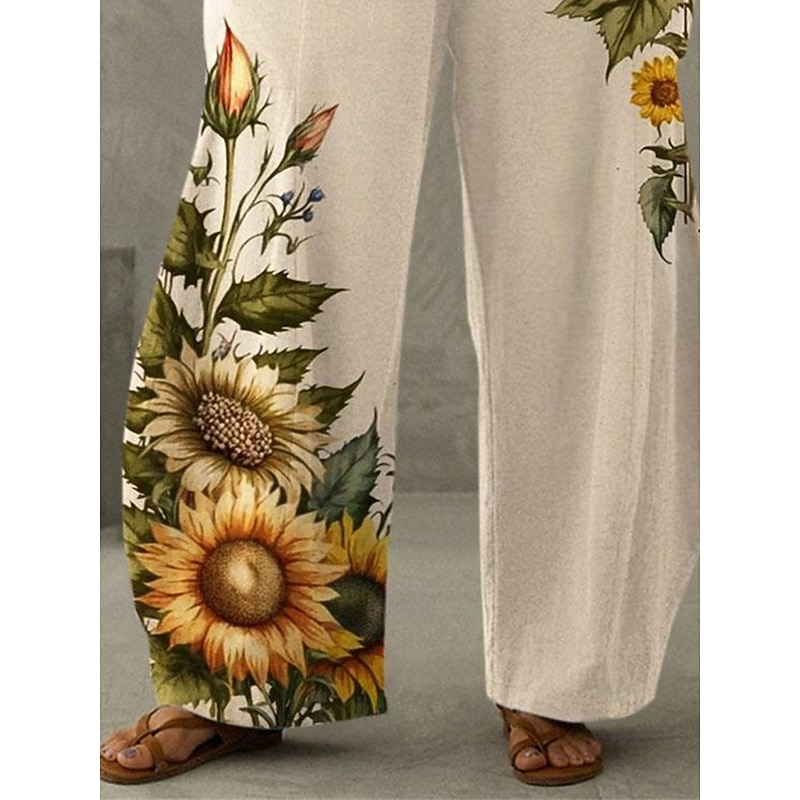 Women's Wide Leg Chinos Pants Trousers Active Fashion Full Length High Waist Sunflower Pocket Print High Cut Outdoor Comfortable Breathable Micro-elastic Street Daily Wear Khaki Spring Regular Fit3