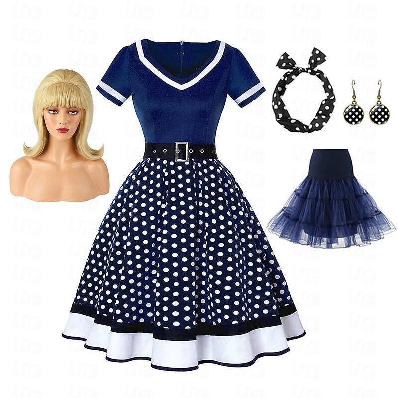 Retro Vintage 1950s Rockabilly Petticoat Hoop Skirt A-Line Dress Tutu Flare Dress Audrey Hepburn Women's Cosplay Costume Party / Evening Masquerade Dress With Costume Wig4