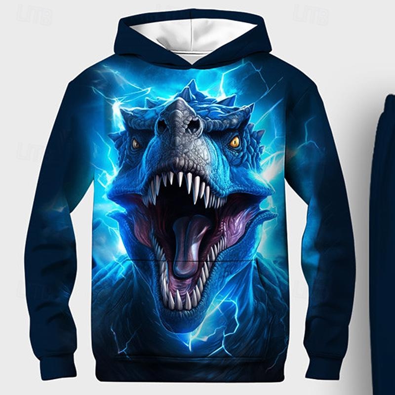 Boys 3D Dinosaur Hoodie & Sweatpants Set Long Sleeve 3D Printing Spring Fall Active Fashion Cool Kids 3-12 Years Hooded Outdoor Vacation Street Regular Fit4