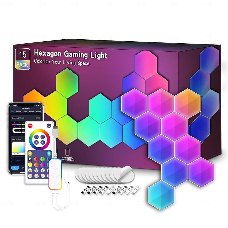 LED Smart Light Smart Hexagon Lights, DIY Hexagon Gaming LED Light with App Remote Control Music Sync RGBIC Wall Light Panels for Gaming Room, Bedroom, Living Room Decor2