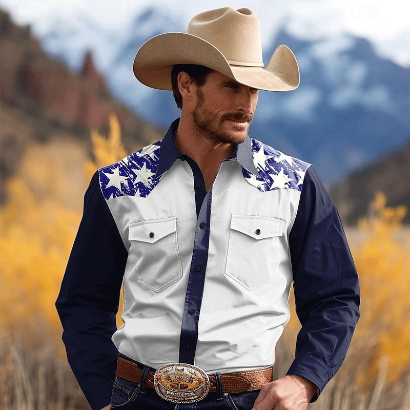 Men's Pentagram Western Shirt Button Up Shirt Cowboy Shirt Long Sleeve Vintage Western Style Daily Wear Winter Spring &  Fall Turndown Collared Shirts 3D Print Front Pocket Black White Navy Blue Khaki