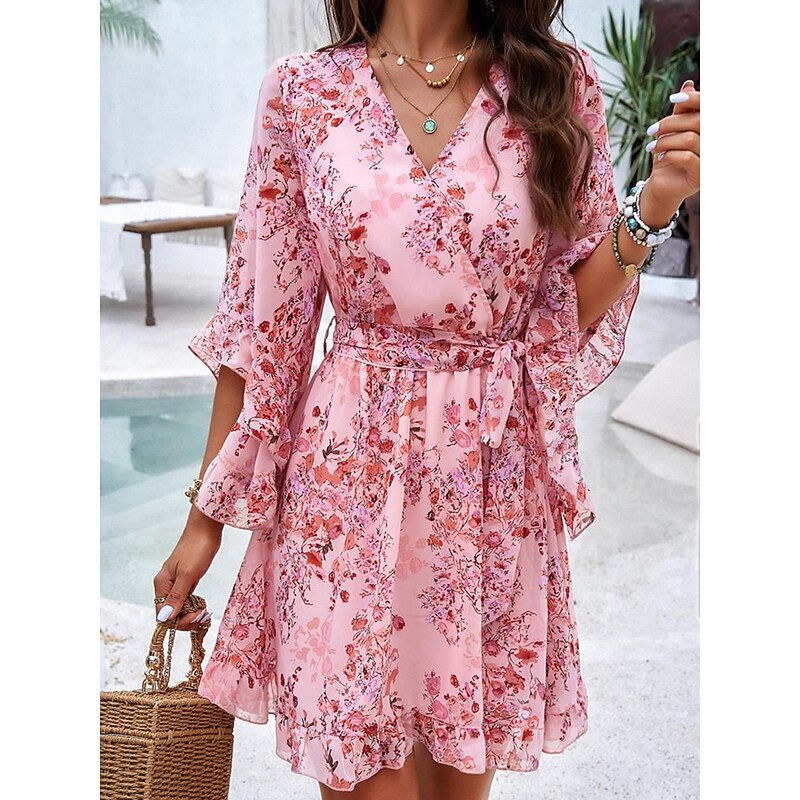 Women's Casual Dress Floral Lace up Print V Neck Mini Dress Boho Vacation 3/4 Length Sleeve Summer3