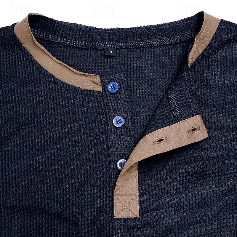 Men's T Shirt Henley Shirt Waffle Knit Tee Tee Top Long Sleeve Shirt Long Sleeve Color Block Solid Fashion Designer Basic Patchwork Henley Vacation Street Casual Spring &  Fall Dark Gray Black White3