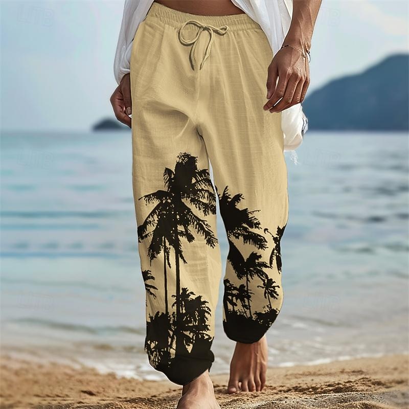Men's Coconut Tree Linen Pants Pants Trousers Baggy Pants Mid Waist Vintage Outdoor Daily Wear Beach Fall & Winter White Blue Green2