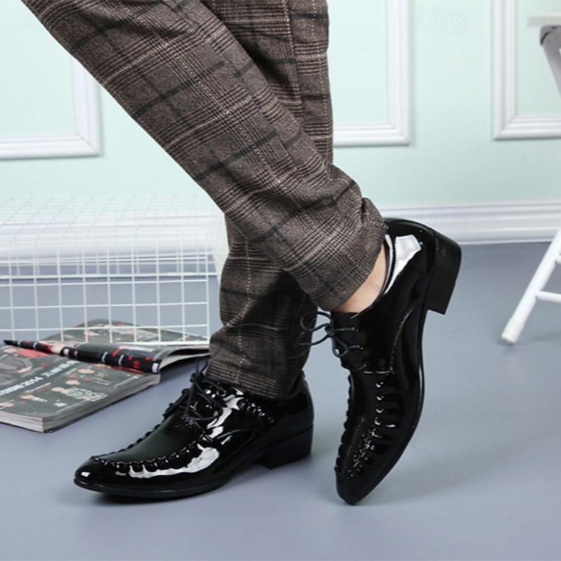 Men's Black Patent Faux Leather Dress Shoes - Crocodile Pattern Lace-Up Oxford Shoes for Formal Business, Weddings & Evening Events4