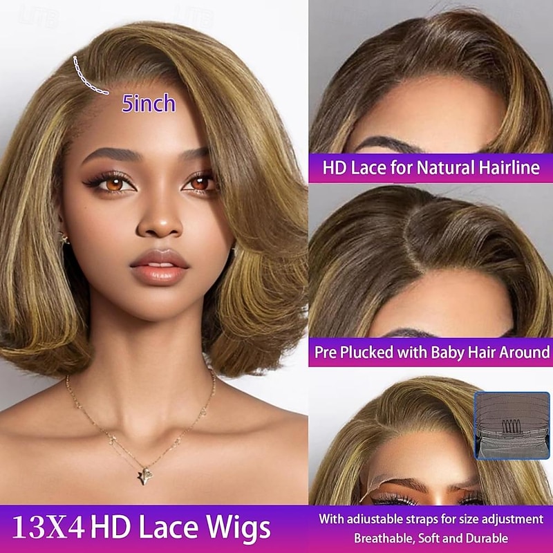 Wig Light Blonde Mix Brown Bob Layered Cut Wigs 13X4 Closure Bob Lace Front Wig Short Bob Wigs Right C Part Human Hair Frontal3
