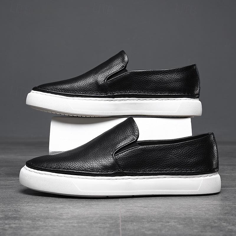 Men's Black Leather Slip-On Sneakers with Cushioned White Sole and Minimalist Design, Casual Loafers for Work, Travel and Everyday Wear2
