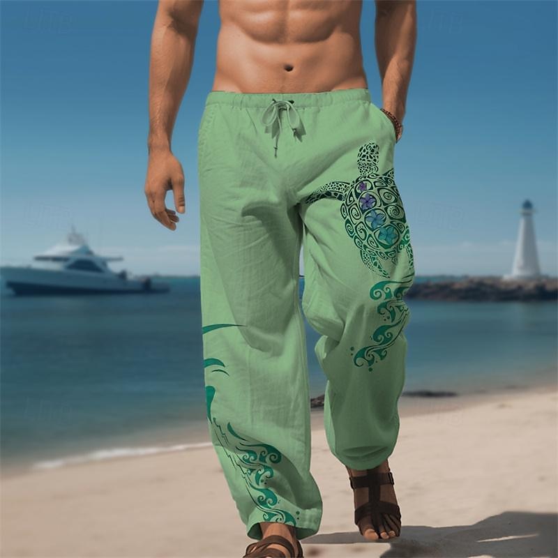 Men's Animal Turtle Linen Pants Pants Trousers Baggy Pants Mid Waist Hawaiian Casual Outdoor Daily Wear Streetwear Elastic Drawstring Design Fall & Winter White Blue Green3