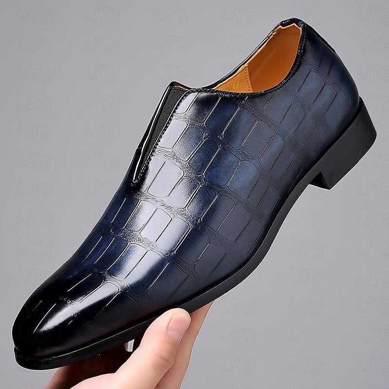 Men's Black Crocodile Pattern Faux Leather Slip-On Dress Shoes - Elegant Formal Shoes for Business and Special Occasions2