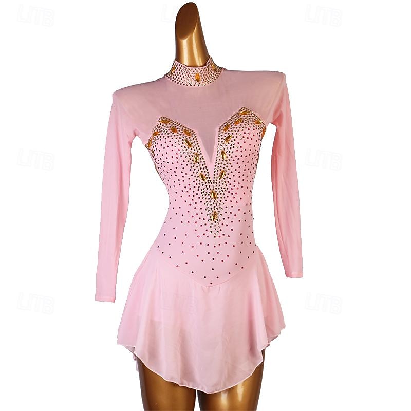 Dance Salsa Latin Dance Dress Rhinestone Women's Performance Training Long Sleeve High Spandex Tulle
