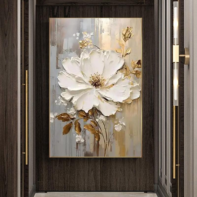 Handpainted Large Flower Texture Painting 3D Texture Painting Gold Floral Abstract Painting Original Gold Wall Art Flower Painting for Living Room Home Decor Stretched Frame Ready to Hang3