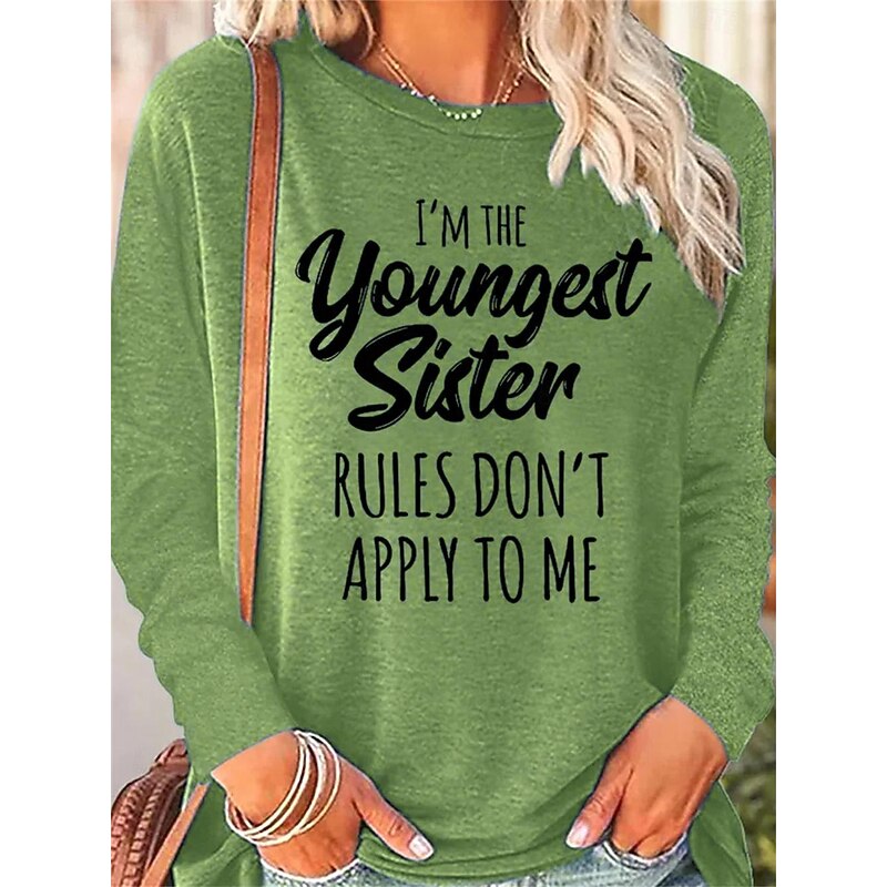 Women's T shirt Long Sleeve Letter Family Fashion Long Sleeve Round Neck Regular Tops Daily Weekend Print Black Pink Blue Green Khaki Spring & Fall Spring, Fall, Winter,  Prefall4