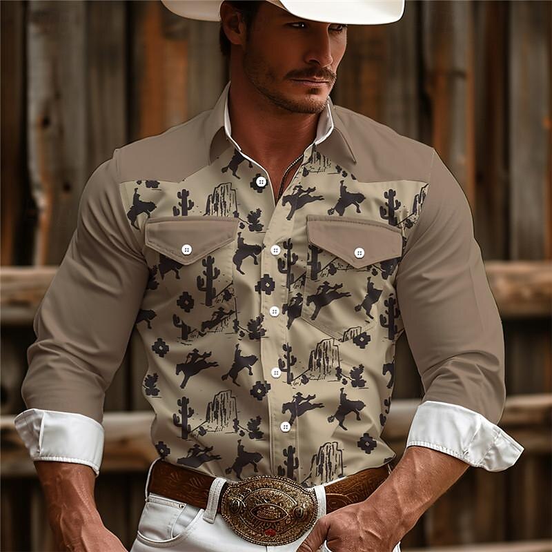 Men's Cowboy Western Shirt Button Up Shirt Cowboy Shirt Long Sleeve Vintage Western Style Daily Wear Weekend Spring Fall Winter Turndown Collared Shirts 3D Print Front Pocket Blue Brown Khaki4