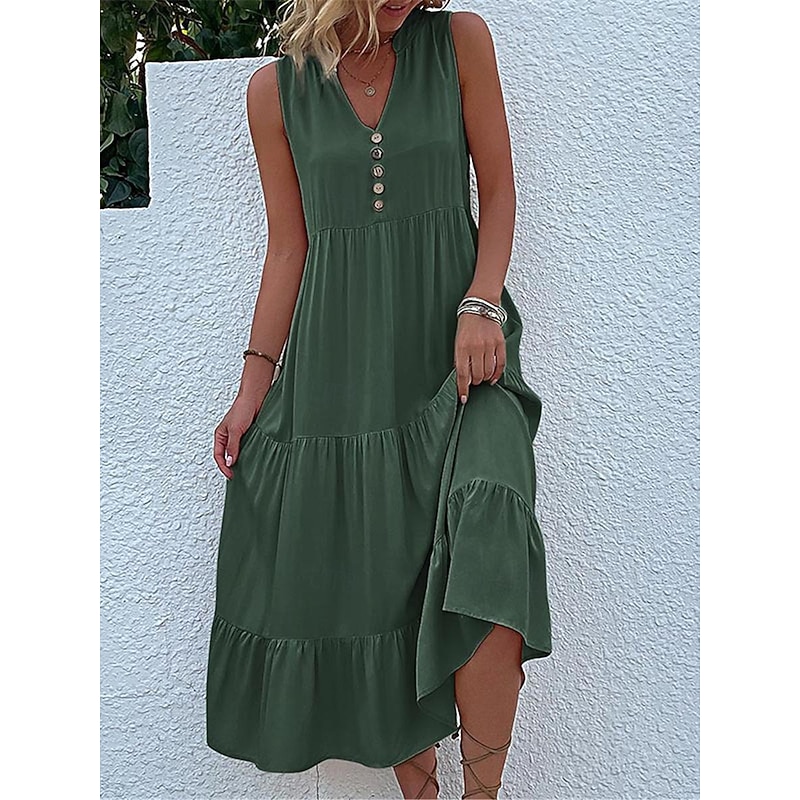 Women's Casual Dress Midi Dress Cotton Ruffle Button Basic V Neck Sleeveless Black Pink Green Color