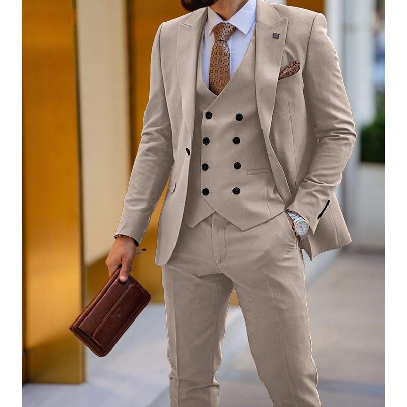 Men's Wedding Party Suits Peaked Lapel Peak Black White Solid Colored Tailored Fit 3 Piece Single Breasted One-button4