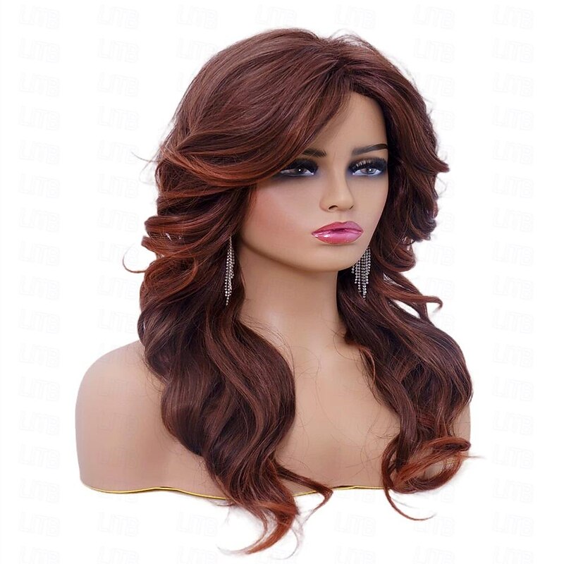 Rugelyss Vintage Wigs Dark Brown Rednish Maroon Wig for Women Lady Natural Synthetic Full Wigs for 70s Cosplay Costume Disco Hair Wig Halloween Wigs3