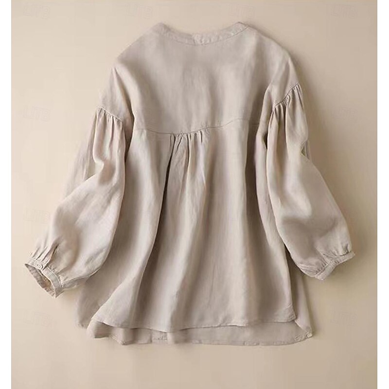 Women's Shirt Linen Shirt Blouse Long Cotton Top Solid Color Fashion Round Neck Street Daily Buttons Khaki Beige Spring &  Fall4