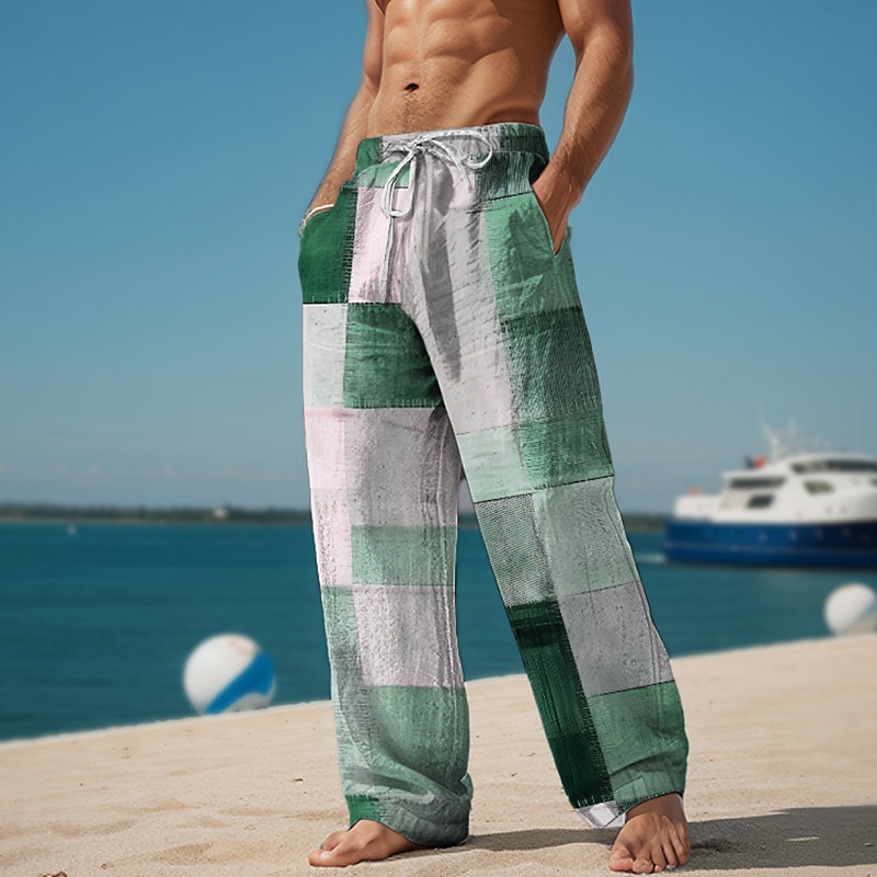 Plaid Color Block Men's Resort 3D Printed Casual Pants Trousers Elastic Waist Drawstring Loose Fit Straight-Leg Summer Beach Pants S TO 3XL3