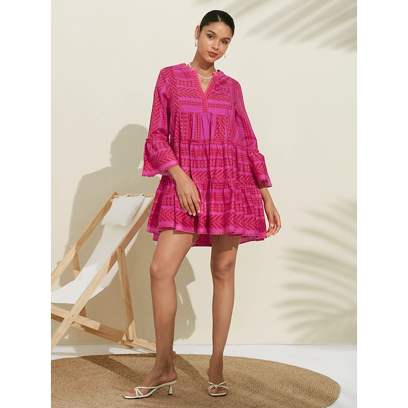 Women's Casual Dress Summer Dress Pink Dress Pink 3/4-Length Sleeve Geometic Striped Pattern 100% Cotton Ruffle Flounced Loose Spring & Summer Spring and Summer Boho Valentine's Day Simple fashion4