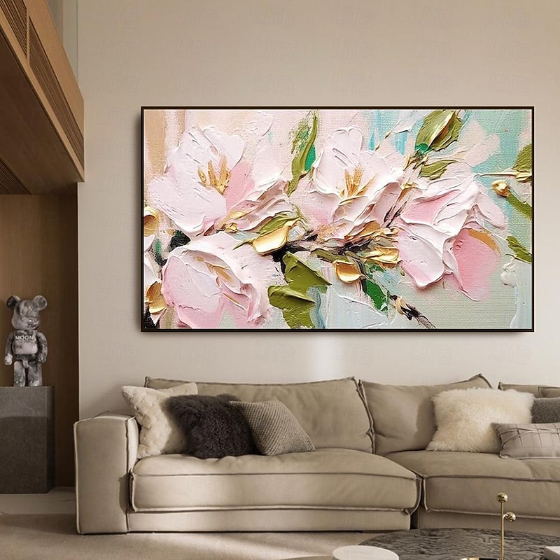 Hand painted 3D Flower Textured oil painting  Wall Art Abstrat Pink Gold Flowers Painting On Canvas Floral painting Wall Decor for Living Room Wall Art Spring Decor
