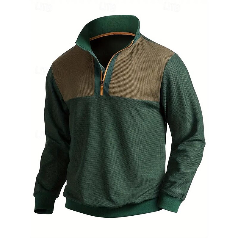 Men's Waffle Polo Shirt Quarter Zip Polo Daily Wear Vacation Lapel Long Sleeve Fashion Comfortable Color Block Patchwork Spring &  Fall Regular Fit Green Waffle Polo Shirt