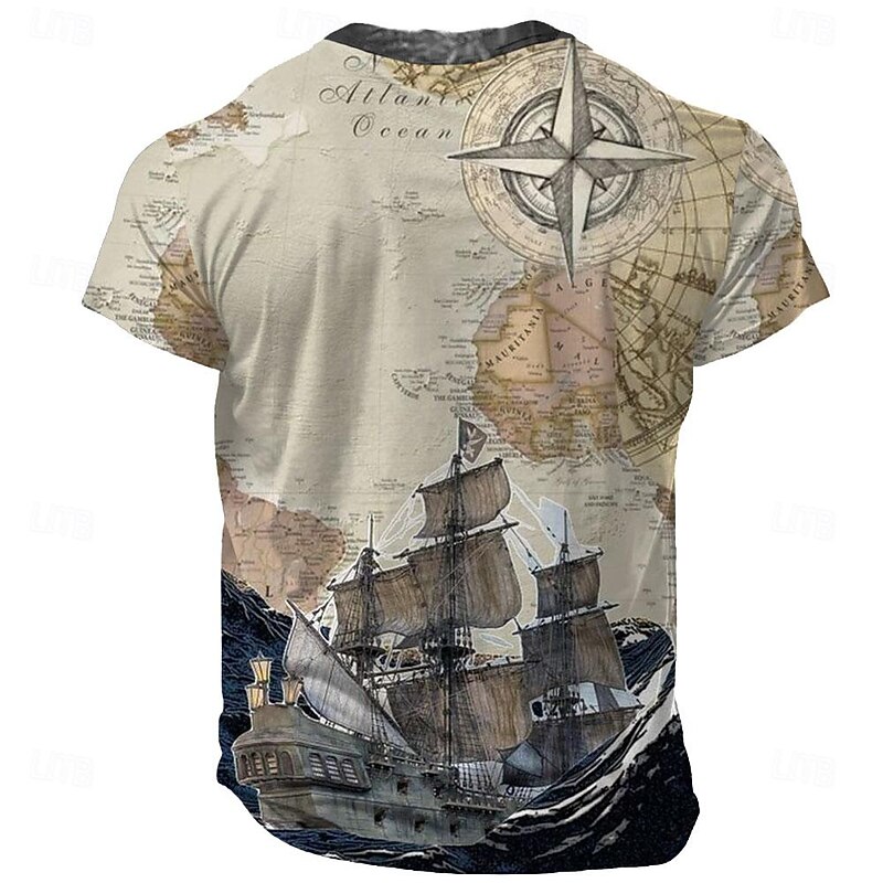 Ship Pirate Skulls Men's Vintage Retro 3D Print Henley T Shirt Tee Daily Vacation Going out T shirt Blue Purple Khaki Henley Shirt Summer Clothing Apparel S M L XL XXL XXXL2