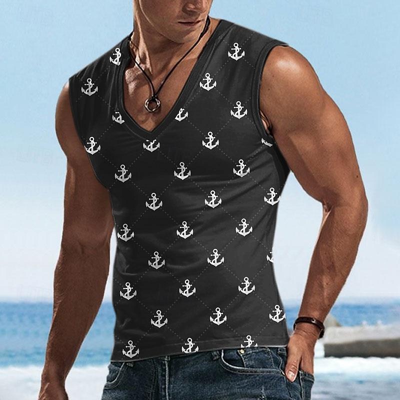 Men's Graphic Anchor Argyle Tank Top Vest Top Sleeveless T Shirt for Men Sleeveless T shirt 3D Print V Neck Shirt Sports Fashion Casual Sports Outdoor Holiday Gym Black Burgundy Green Summer Clothing2