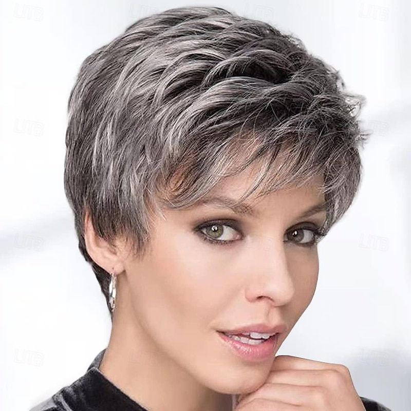 Pixie Cut Short Gray Wigs for White Women Sassy Short Haircuts for Older Lady Mixed Black Grey Highlight Synthetic Wig with Bangs for Daily Party Use