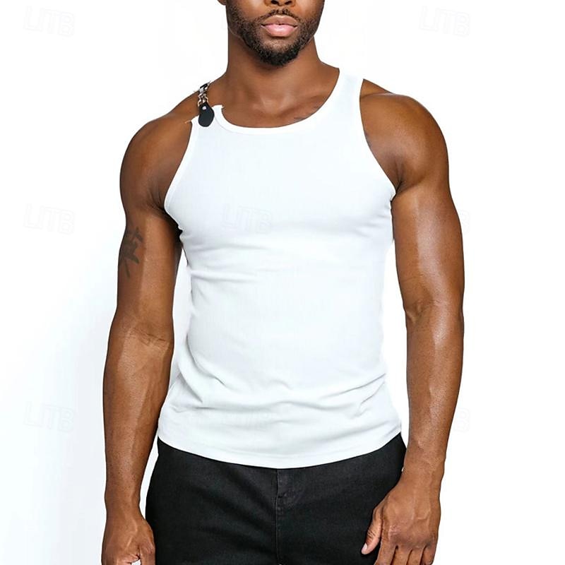 Men's Tank Top Vest Top Undershirt Sleeveless Shirt Sleeveless Round Neck Spring & Summer Plain Fashion Designer Basic Link / Chain Vacation Street Going out Black White Top Tee for Men3