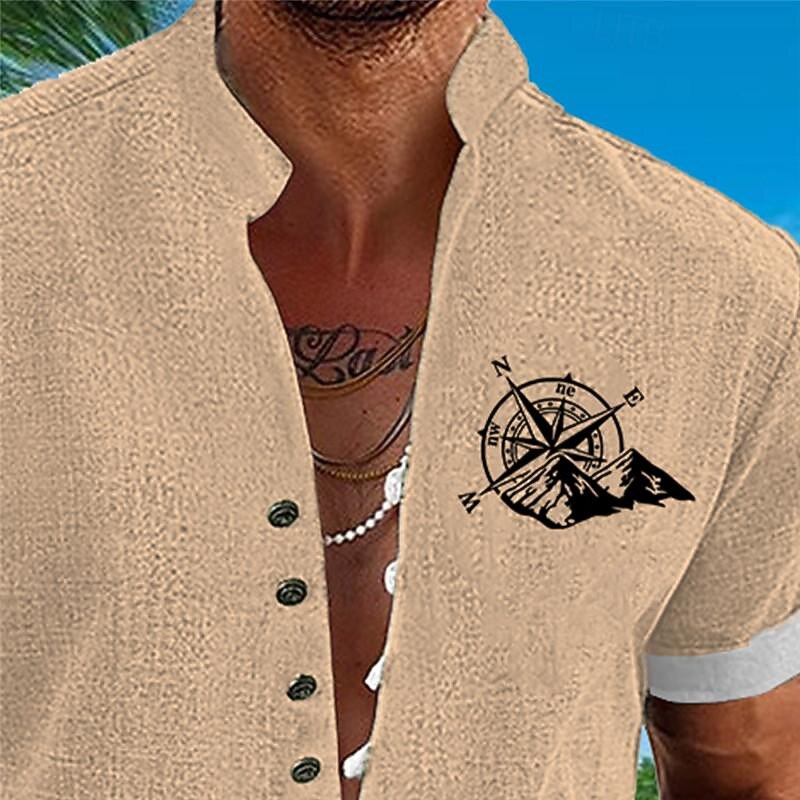 Men's Compass Summer Hawaiian Shirt Aloha Shirt Printed Shirts Short Sleeves Shirt Standing Collar Hawaiian Resort Vacation Daily Wear Beach Pink Blue Khaki S M L3