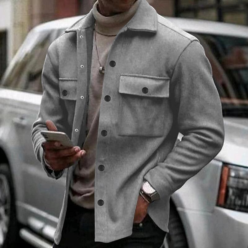 Men's Shirt Jacket Transition Jacket Daily Lightweight Pocket Spring Plain Streetwear Lapel Regular Black Light Grey Dark Gray Jacket4