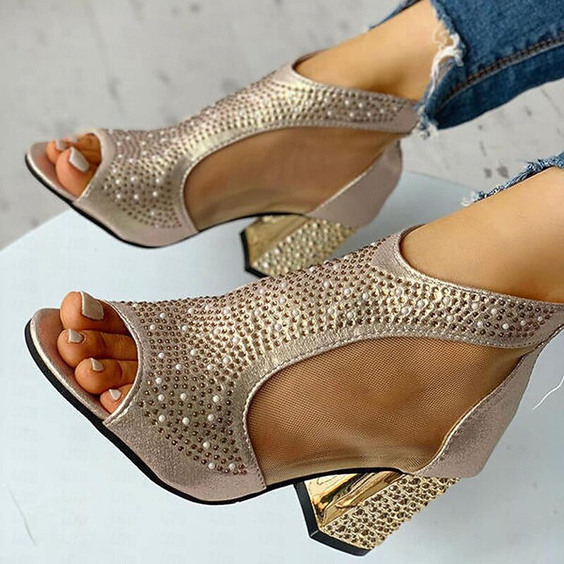 Women's Elegant Gold Glitter Heeled Sandals with Peep Toe and Chunky Heel for Wedding and Evening Events2