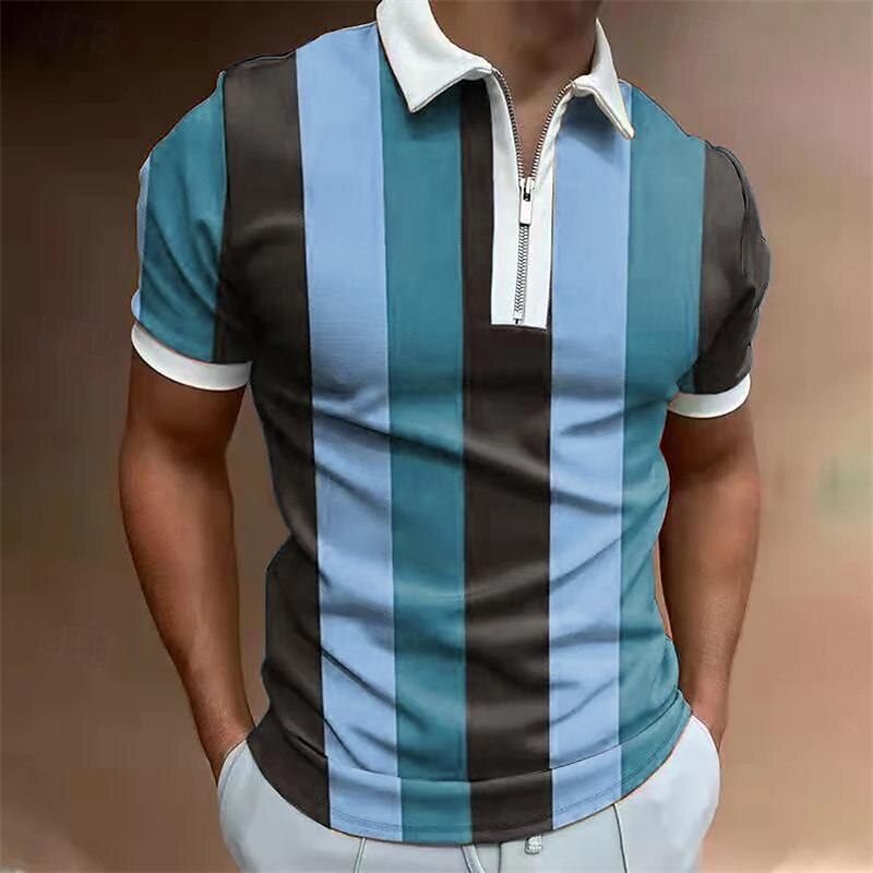 Men's Striped Zip Polo Shirts Golf Shirt Short Sleeve Polo Shirts Collared Shirts Business Casual WorkWear Formal Wear Festival Wear 3D Print Quarter Zip Polo Summer Yellow Blue Purple2