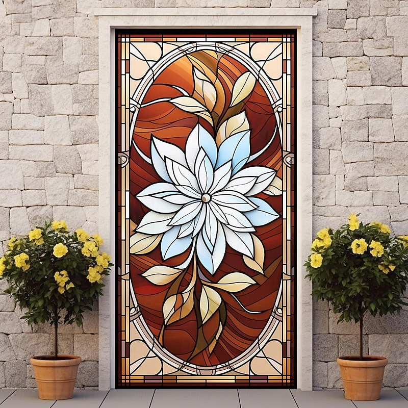 Stained Glass Flower Door Covers Mural Decor Door Tapestry Door Curtain Decoration Backdrop Door Banner Removable for Front Door Indoor Outdoor Home Room Decoration Farmhouse Decor Supplies3