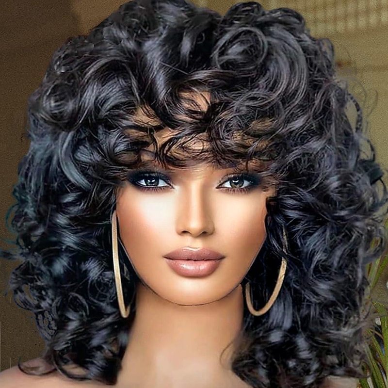 Curly Wigs for Black Women Short Curly Wig with Bangs Afro Cute Wigs Natural Looking Soft Bouncy Fluffy Comfortable Light Weight Wig Heat Resistant Synthetic Wig for African American Women