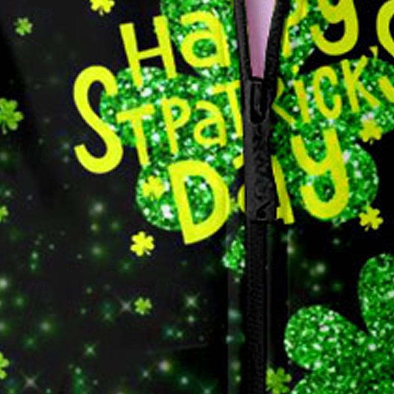 St. Patrick Girls' 3D Four Leaf Clover Hoodie Coat Outerwear Long Sleeve Fall Winter Active Cute Streetwear Polyester Kids 3-12 Years Zip Street Daily Regular Fit3